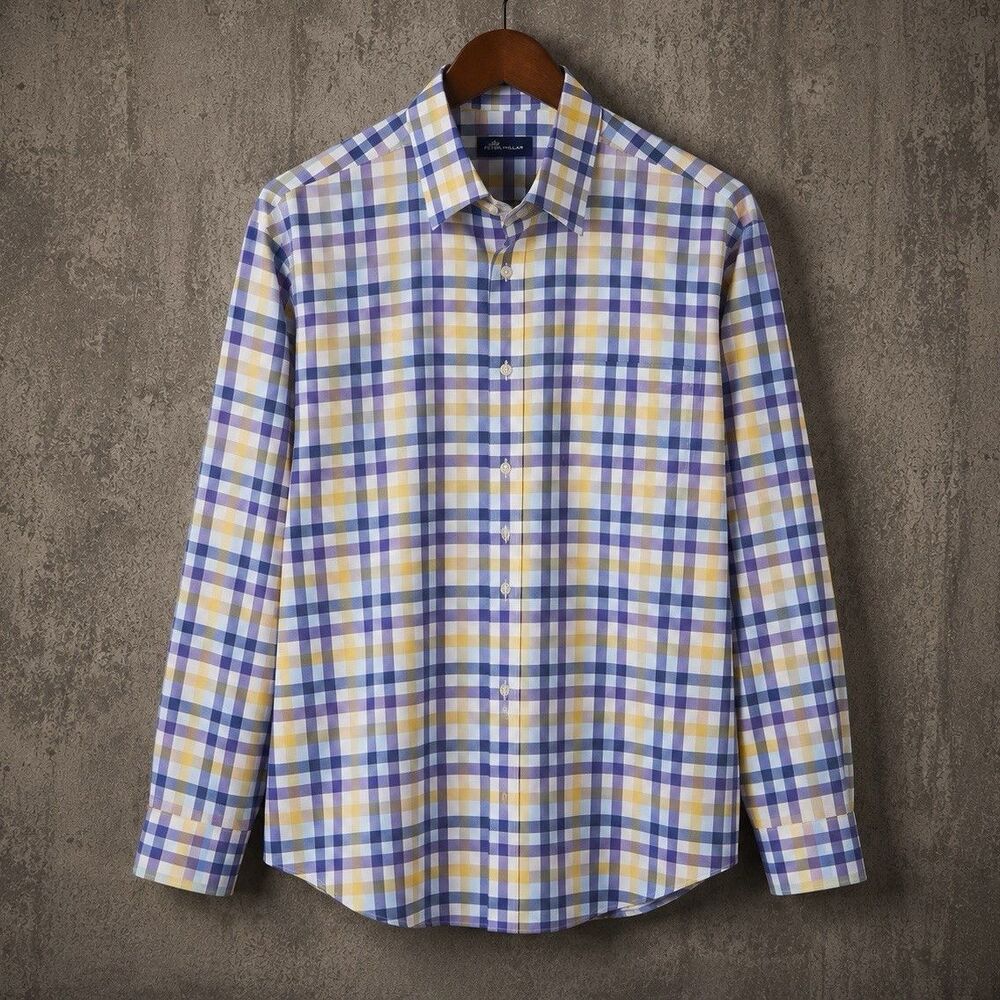 Scott Barber Men's M Blue Yellow White Plaid Cotton Long Sleeve Button-Up Shirt